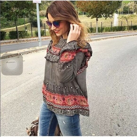 Zara Trafaluc Boho Ruffle Neck Long Sleeve Top, Size XS - Picture 10 of 10
